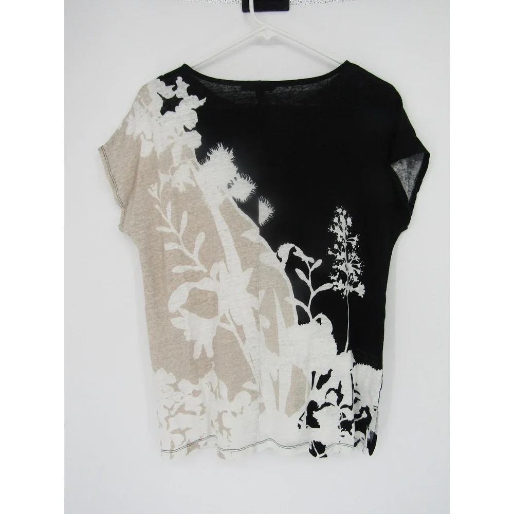 Chico's Linen Top Womens Medium Black Beige Floral Print Cap Sleeve Tee Artsy - Picture 3 of 9